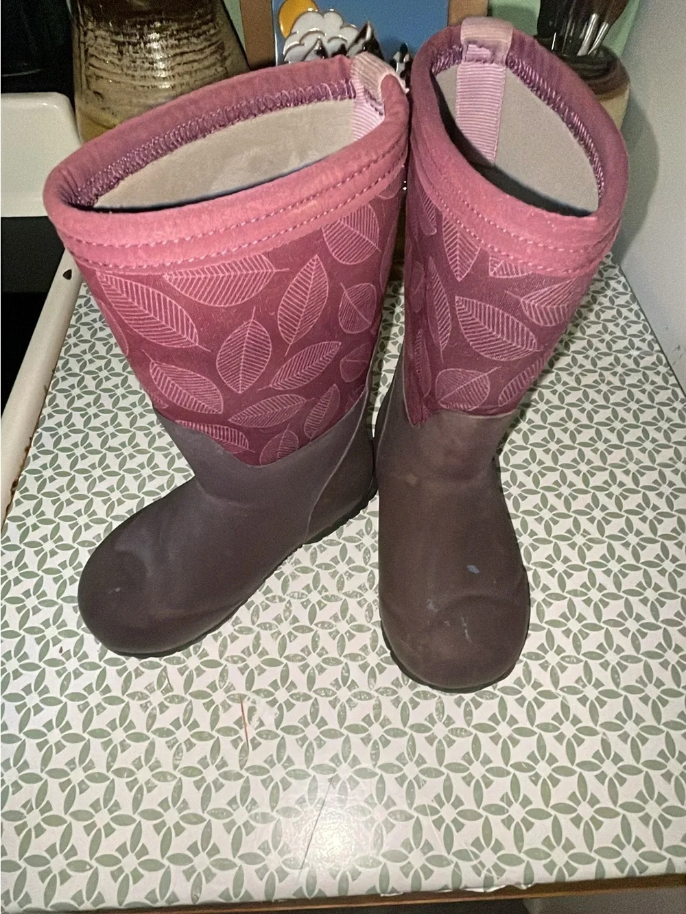 Children’s Pink Leaf-Pattern Waterproof Tall Boots